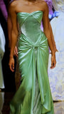 Tineit Pretty Mermaid Strapless Green Satin Long Prom Dress Evening Dresses (PRE-ORDER)