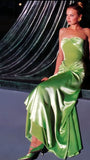 Tineit Pretty Mermaid Strapless Green Satin Long Prom Dress Evening Dresses (PRE-ORDER)