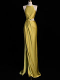 Tineit Sexy A line Boat Neckline Gold Satin Prom Dresses Party Evening Dress (PRE-ORDER)