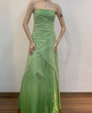 Tineit Pretty A Line Strapless Green Tulle Ruffles Long Prom Dress Evening Dresses (PRE-ORDER)