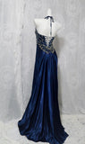 Tineit Pretty A Line Halter Sleeveless Navy Blue Slit Beads Long Prom Dress Evening Dresses (PRE-ORDER)