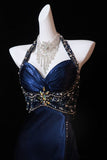 Tineit Pretty A Line Halter Sleeveless Navy Blue Slit Beads Long Prom Dress Evening Dresses (PRE-ORDER)