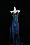 Tineit Pretty A Line Halter Sleeveless Navy Blue Slit Beads Long Prom Dress Evening Dresses (PRE-ORDER)