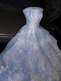 Tineit Fairytale A Line Strapless Light Sky Blue Tulle Sleeveless Prom Dress Evening Dresses (PRE-ORDER)