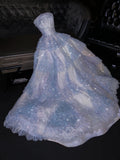 Tineit Fairytale A Line Strapless Light Sky Blue Tulle Sleeveless Prom Dress Evening Dresses (PRE-ORDER)