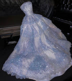 Tineit Fairytale A Line Strapless Light Sky Blue Tulle Sleeveless Prom Dress Evening Dresses (PRE-ORDER)