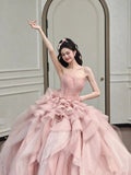 Tineit Vintage Ball Gown Strapless Pink Long Prom Dresses Tulle Layers Evening Dress (PRE-ORDER)