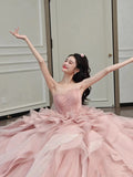 Tineit Vintage Ball Gown Strapless Pink Long Prom Dresses Tulle Layers Evening Dress (PRE-ORDER)