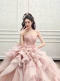 Tineit Vintage Ball Gown Strapless Pink Long Prom Dresses Tulle Layers Evening Dress (PRE-ORDER)