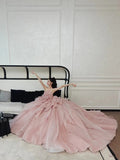 Tineit Vintage Ball Gown Strapless Pink Long Prom Dresses Tulle Layers Evening Dress (PRE-ORDER)