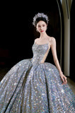 Tineit Vintage Ball Gown Strapless Sequin Silver Long Prom Dresses Layers Evening Dress (PRE-ORDER)