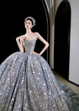 Tineit Vintage Ball Gown Strapless Sequin Silver Long Prom Dresses Layers Evening Dress (PRE-ORDER)