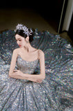 Tineit Vintage Ball Gown Strapless Sequin Silver Long Prom Dresses Layers Evening Dress (PRE-ORDER)