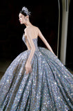 Tineit Vintage Ball Gown Strapless Sequin Silver Long Prom Dresses Layers Evening Dress (PRE-ORDER)