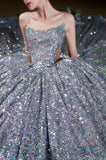 Tineit Vintage Ball Gown Strapless Sequin Silver Long Prom Dresses Layers Evening Dress (PRE-ORDER)