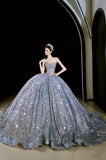 Tineit Vintage Ball Gown Strapless Sequin Silver Long Prom Dresses Layers Evening Dress (PRE-ORDER)