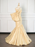 Tineit Sexy Mermaid One Shoulder Yellow Satin Long Prom Dresses Party Evening Dress With Bow (PRE-ORDER)