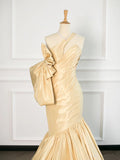 Tineit Sexy Mermaid One Shoulder Yellow Satin Long Prom Dresses Party Evening Dress With Bow (PRE-ORDER)