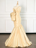 Tineit Sexy Mermaid One Shoulder Yellow Satin Long Prom Dresses Party Evening Dress With Bow (PRE-ORDER)