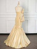 Tineit Sexy Mermaid One Shoulder Yellow Satin Long Prom Dresses Party Evening Dress With Bow (PRE-ORDER)