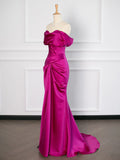 Tineit Sexy Mermaid Off The Shoulder Hot Pink Satin Prom Dresses Party Evening Dress With Ruffles (PRE-ORDER)