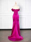 Tineit Sexy Mermaid Off The Shoulder Hot Pink Satin Prom Dresses Party Evening Dress With Ruffles (PRE-ORDER)