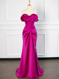 Tineit Sexy Mermaid Off The Shoulder Hot Pink Satin Prom Dresses Party Evening Dress With Ruffles (PRE-ORDER)