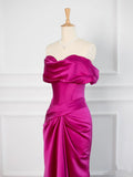 Tineit Sexy Mermaid Off The Shoulder Hot Pink Satin Prom Dresses Party Evening Dress With Ruffles (PRE-ORDER)