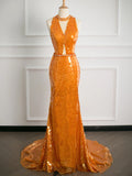 Tineit Sexy Mermaid Scoop Neckline Orange Sequin Prom Dresses Party Evening Dress With Beads (PRE-ORDER)