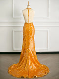 Tineit Sexy Mermaid Scoop Neckline Orange Sequin Prom Dresses Party Evening Dress With Beads (PRE-ORDER)