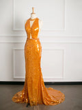 Tineit Sexy Mermaid Scoop Neckline Orange Sequin Prom Dresses Party Evening Dress With Beads (PRE-ORDER)