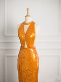 Tineit Sexy Mermaid Scoop Neckline Orange Sequin Prom Dresses Party Evening Dress With Beads (PRE-ORDER)