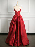 Tineit Simple Ball Gown Spaghetti Straps Red Satin Prom Dresses Party Evening Dress (PRE-ORDER)