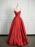 Tineit Simple Ball Gown Spaghetti Straps Red Satin Prom Dresses Party Evening Dress (PRE-ORDER)