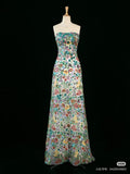 Tineit Vintage A Line Strapless Sequin Floral Long Prom Dresses Evening Dress (PRE-ORDER)