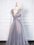 Tineit Simple A Line Spaghetti Straps Tulle Gray Prom Dresses Party Evening Dress (PRE-ORDER)