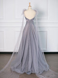 Tineit Simple A Line Spaghetti Straps Tulle Gray Prom Dresses Party Evening Dress (PRE-ORDER)