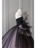 Tineit Pretty Ball Gown Strapless Black Tulle Long Prom Dresses Party Gown Evening Dress (PRE-ORDER)