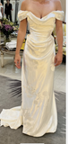 Tineit Pretty Sheath Off The Shoulder White Satin Long Prom Dresses Party Evening Dress (PRE-ORDER)