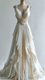 Tineit Ivory Beaded A-line Evening Gown Maxi Long Evening Party Prom Dresses Wedding Dresses With Ruffles (PRE-ORDER)