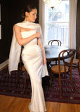 Tineit Pretty Mermaid Strapless White Satin Long Prom Dresses Party Evening Dress (PRE-ORDER)