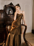 Tineit Pretty Mermaid Spaghetti Straps Brown Long Prom Dresses Party Evening Dress (PRE-ORDER)