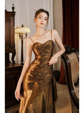 Tineit Pretty Mermaid Spaghetti Straps Brown Long Prom Dresses Party Evening Dress (PRE-ORDER)