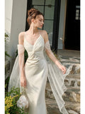 Tineit Pretty Mermaid Spaghetti Straps White Long Prom Dresses Party Evening Dress (PRE-ORDER)