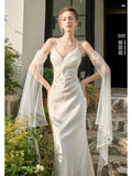 Tineit Pretty Mermaid Spaghetti Straps White Long Prom Dresses Party Evening Dress (PRE-ORDER)