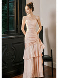 Tineit Pretty Mermaid Spaghetti Straps Pink Long Prom Dresses Party Evening Dress (PRE-ORDER)