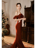 Tineit Pretty Mermaid Off The Shoulder Burgundy Satin Long Prom Dresses Party Evening Dress (PRE-ORDER)