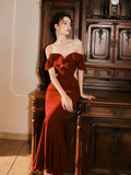 Tineit Pretty Mermaid Off The Shoulder Burgundy Satin Long Prom Dresses Party Evening Dress (PRE-ORDER)