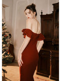 Tineit Pretty Mermaid Off The Shoulder Burgundy Satin Long Prom Dresses Party Evening Dress (PRE-ORDER)