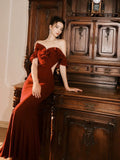 Tineit Pretty Mermaid Off The Shoulder Burgundy Satin Long Prom Dresses Party Evening Dress (PRE-ORDER)